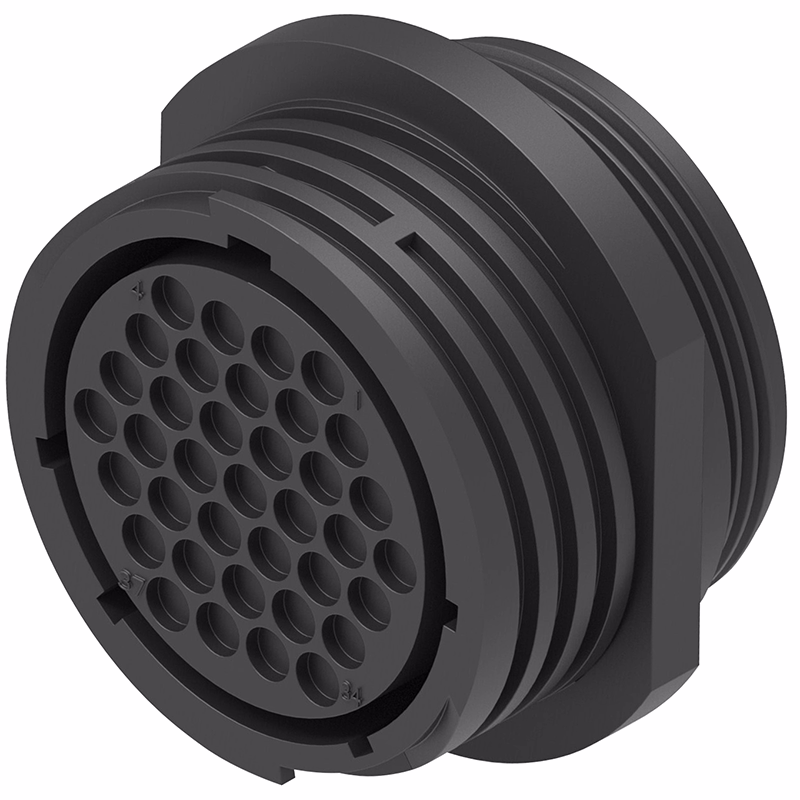 CIRCULAR CONNECTOR/37 position, female, shell size 23, free hanging mount, UL 94 V-0 flammability rating, threaded, straight angle, 1 3/8-18 thread size. CPC series 1.