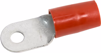 RING TERMINAL/6.35 mm stud/tab size, female, insulated, red, tin plating, copper material, nylon insulation. 324 series. For use with 2 gauge wire.