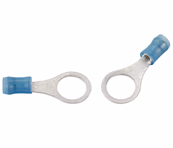 RING TERMINAL/#4 stud/tab size, female, insulated, blue, tin plating, copper material, nylon insulation, 300 VAC. For use with 16-14 gauge wire.
