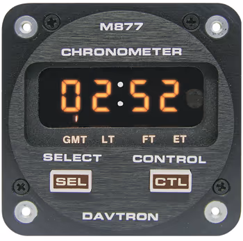 CHRONOMETER/LED Digital clock with 28V illuminating buttons. Displays Universal time, Local time, Flight time, and Elapsed time. 2 1/4 internal mount. 2-button control, Sunlight readable, Automatic dimming.