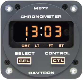 CHRONOMETER/LED Digital clock. Gray faceplate with 5V illuminating buttons. Displays Universal time, 24 hour Local time, Flight time, and Elapsed time. 2 1/4 internal mount. 2-button control, Sunlight readable, Automatic dimming.