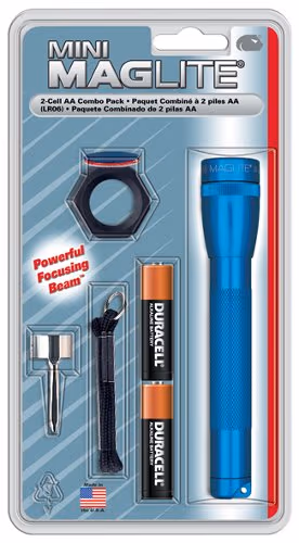 MINI MAG-LITE COMBO PACK/Blue, includes: flashlight, pocket clip, lanyard wrist strap, lens holder, red, blue and clear lenses, and 2ea AA cell premium alkaline batteries.