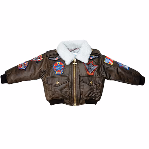 Youth Bomber Jacket | Brown, Simulated Leather, With Patches, Youth 14-16